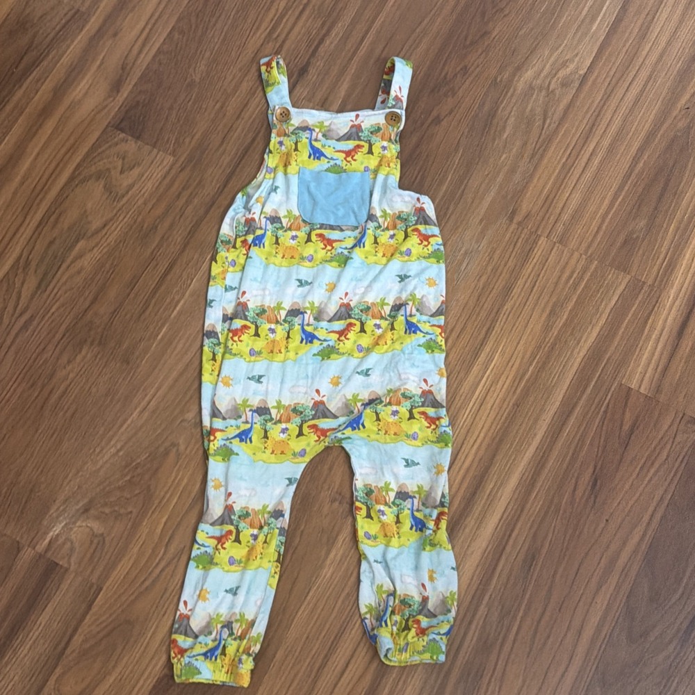 Mama Lulu Toddler Boys  2T/3T Dinosaur Friends Overalls Romper Outfit Bamboo